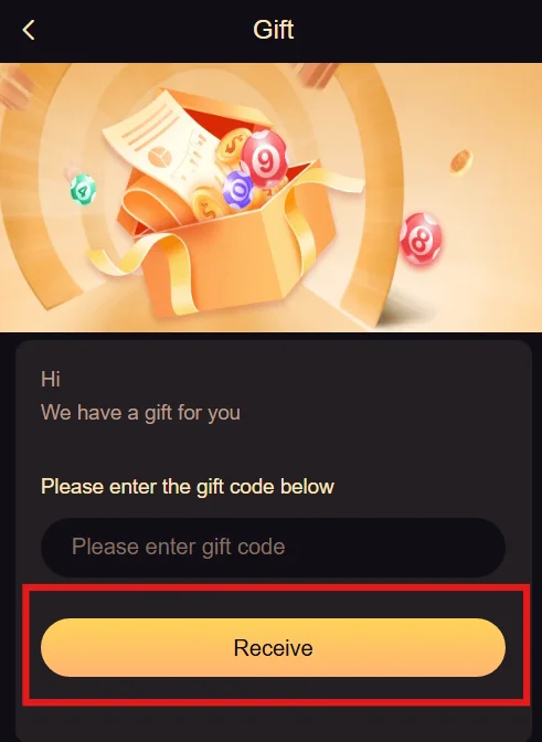  Enter the gift code and click on receive